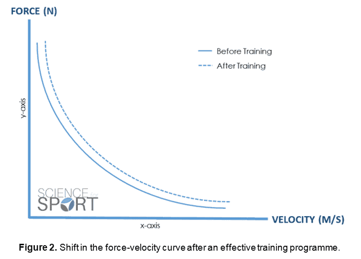 Figure 2 - shift in the force-velocity curve after an effective training programme
